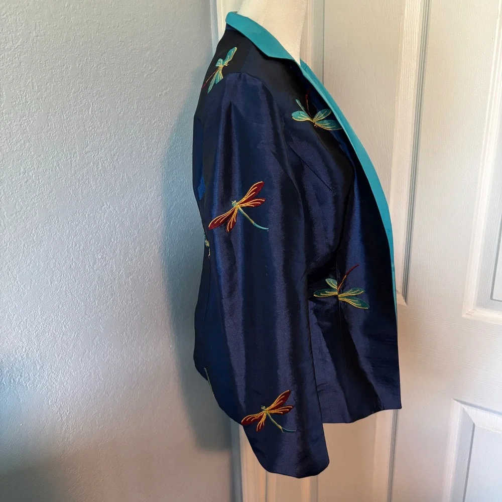 Gump's Y2K Women's Chic Artisan Embroidered Dragonfly Navy Turquoise Jacket 6